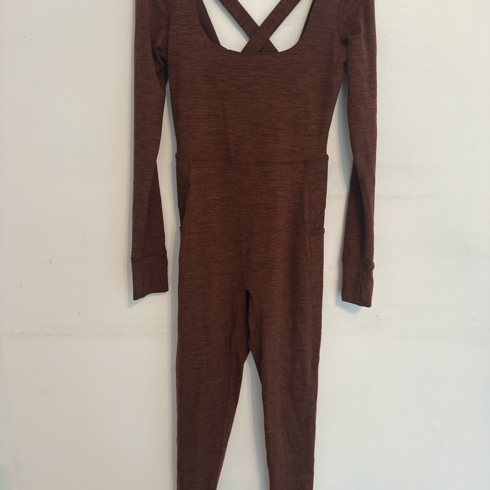 Free People Movement Brown/Burgundy Cross Back Jumpsuit Thumbhole NWOT